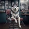 Dressed husky dog sitting in a chair in a barbershop. Generative AI