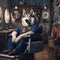 Dressed husky dog sitting in a chair in a barbershop and ready to start a haircut, photorealistic