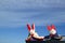 Dressed rabbit toys in the cloudy blue sky