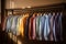 Dressing room scene with colorful shirts, freshly washed and ironed