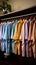 Dressing room scene with colorful shirts, freshly washed and ironed