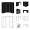 Dressing table, corner shelves, computer desk, wardrobe with glass. Bedroom furniture set collection icons in black