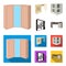 Dressing table, corner shelves, computer desk, wardrobe with glass. Bedroom furniture set collection icons in cartoon