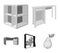 Dressing table, corner shelves, computer desk, wardrobe with glass. Bedroom furniture set collection icons in monochrome