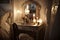 dressing table with mirror and candlelight creating cozy, romantic atmosphere in bedroom