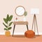 Dressing table with mirror. Cozy home interior. Vector illustration