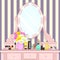 Dressing table with mirror with lights, female boudoir for applying makeup, flat drawing, vector illustration. Pink table and mirr