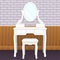 Dressing table with mirror with lights, female boudoir for applying makeup, flat drawing, vector illustration. White elegant table