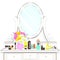 Dressing table with mirror with lights, female boudoir for makeup, flat drawing, vector illustration