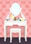 Dressing table with mirror with lights, female boudoir for makeup, flat drawing, vector illustration. White table and mirror with