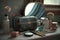 dressing table with mirror and makeup bag, ready for morning routine