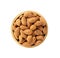 Dried almonds in wooden bowl on white background