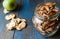 Dried apples and pears in jars. Fruit crisps.