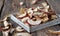 Dried apples on a wooden ancient background.Home harvesting dried fruits