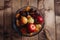 Dried apricots and dates plate, plum, apple, pear in a plate, closeup shot