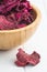 Dried beetroot chips.