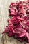 Dried beetroot chips.