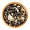 Dried black fungus Jew`s ear in wooden bowl