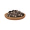 Dried black pepper in wooden bowl. Aromatic condiment. Fragrant spice. Cooking ingredient. Flat vector icon