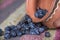 Dried blue berries on colorful ethnic carpet and clay pot.