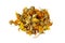 Dried calendula flowers for useful herbal tea on white background