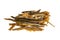 Dried carp fish sticks isolated on white background. Snack Fish to beer. Close up