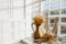 Dried cereal flowers in Golden Oriental vase with large handle on table with garlands and candle holder near huge window in harsh