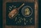 Dried chamomile flowers in little bowl and wooden shovel spoon on dark chalkboard background, top view . Healing herbs