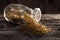 Dried chamomile flowers on a wood table