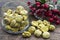 Dried chestnuts on wooden table with christmas decoration