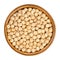 Dried chickpeas in wooden bowl over white