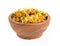 Dried chrysanthemum flowers inj wood bowl on white background