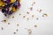 Dried colored flowers on table, copy space. Romantic flowers.