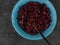 Dried cranberries in blue bowl. Healthy tasty dry red berries spoon. Organic nutritious delicious farmers fruits snack