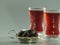 Dried dates and red karkade tea in armudu glasses