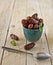 Dried dates in a rustic bowl. Typical arabian sweet fruit.