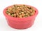 Dried dog food in a pink bowl