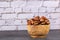 Dried fava beans in the wooden bowl - Vicia faba L