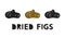 Dried figs, silhouette icons set with lettering. Imitation of stamp, print with scuffs. Simple black shape and color vector