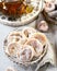 Dried figs and traditional turkish tea on a gray background. ramadan