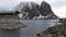 Dried fish rack from Sakrisoy island at the Reinefjorden on the Lofoten in Norway in winter