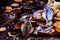 Dried fish, salted snacks to beer, dark wooden background, selective focus