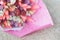 Dried flowers bouquet close-up. Calm and naturals colors of pink, red, white and lilac.