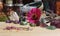 Dried Flowers and Crystal Stones on Meditation Altar Shallow DOF