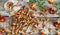 Dried flowers of marigolds on a wooden background. The use of flowers Chernobrovtsy or Mary is Gold in folk alternative medicine