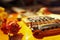 Dried flowers on vintage electric blues guitar closeup. Selective focus