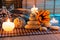 Dried flowers, white stones, candles on bamboo mat