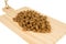 Dried food for dogs or cats on wooden cutting board. Pet care