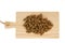 Dried food for dogs or cats on wooden cutting board. Pet care