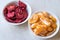 Dried Fruit Chips Mandarin and Strawberry in small Bowl.